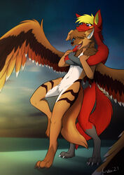  anthro blue_eyes brown_body brown_fur brown_hair canid canine canis claws cloud crotch_tuft duo feathered_wings feathers fur fur_markings giru_(artist) grey_body grey_fur hair happy hi_res holding_arms hug hugging_another hugging_from_behind looking_at_another looking_at_partner looking_back looking_back_at_another looking_back_at_partner male male/male mammal markings neck_tuft nicholas_mcintyre one_eye_closed purple_eyes red_body red_fur spread_wings standing surprise tuft white_body white_fur wings wolf yellow_body yellow_fur zen_(gheist) 