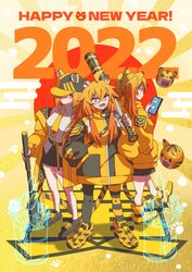  2022 3girls absurdres ahoge animal_ears asymmetrical_legwear bandaid bandaid_on_face bandaid_on_nose baseball_bat baseball_cap black_footwear black_legwear black_skirt blouse cellphone chinese_zodiac coat collared_shirt commentary egasumi english_text fangs full_body grey_shirt hair_between_eyes hair_over_shoulder hair_tie hand_in_pocket happy_new_year hat hat_over_one_eye highres holding holding_baseball_bat holding_phone long_hair long_sleeves looking_at_viewer medium_hair miniskirt mismatched_legwear multiple_girls necktie nengajou new_year no_socks off_shoulder open_clothes open_coat open_mouth orange_coat orange_eyes orange_footwear orange_headwear orange_legwear orange_necktie original over_shoulder pantyhose phone shirt shoes short_hair skirt smartphone smile somasoutaro standing striped_clothes striped_pantyhose tail text_background tiger_ears tiger_girl tiger_tail translated twintails v-shaped_eyebrows year_of_the_tiger 