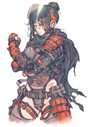  absurdres apex_legends black_hair black_scarf boots breasts cosplay eyeshadow female gloves grey_leotard hair_behind_ear hair_bun highres kanzumesabako leotard looking_down looking_to_the_side makeup medium_breasts open_hand pilot_(titanfall_2) pilot_(titanfall_2)_(cosplay) red_eyeshadow red_gloves scarf simple_background single_hair_bun solo thigh_boots thigh_strap thighhighs titanfall_(series) titanfall_2 visor white_background wraith_(apex_legends) 