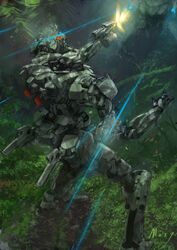  battle commentary_request damaged firing from_above from_behind gun holding holding_gun holding_weapon jungle mecha mozuo nature no_humans original robot science_fiction solo weapon 