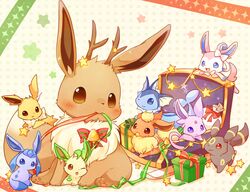  blush box brown_eyes closed_mouth commentary_request eevee espeon evolutionary_line flareon gift gift_box glaceon jolteon leafeon looking_back mouth_hold no_humans one_eye_closed open_mouth pokemon pokemon_(creature) prehensile_ribbon ribbon smile star_(symbol) sylveon tongue umbreon ushiina vaporeon 