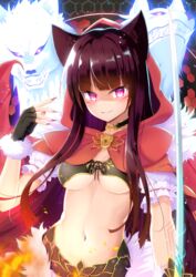  animal animal_ear_fluff animal_ears bad_id bad_pixiv_id bemani black_bra bra breasts brown_hair cape choker female fingerless_gloves frilled_sleeves frills fur-trimmed_gloves fur_trim gloves hair_over_shoulder hand_up hood kureha_(sound_voltex) long_hair looking_at_viewer medium_breasts mikaze_oto nail_polish navel parted_lips pink_eyes red_nails short_sleeves smirk solo sound_voltex teeth underboob underwear 