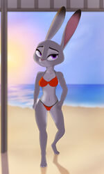  absurd_res anthro ass beach bikini bikini_bottom bikini_thong bikini_top black_tipped_ears butt_from_the_front clothing collarbone colored detailed_background digital_media_(artwork) dipstick_ears disney ear_markings ears_up eyebrows eyelashes female fur furbeyond grey_body grey_fur half-closed_eyes hand_on_hip hands_on_hips hi_res judy_hopps lagomorph leporid light_body light_fur mammal multicolored_body multicolored_ears narrowed_eyes naughty_face purple_eyes rabbit seaside shaded simple_background skinny smile soft_lighting soft_shading solo standing sun sunset swimwear two_tone_body zootopia 