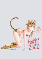  2022 absurdres animal_ears animal_print black_hair blush breasts chinese_zodiac collarbone female happy_new_year highres love_live! love_live!_superstar!! medium_hair nengajou new_year orange_hair purple_eyes roswell_ss self-upload shibuya_kanon small_breasts solo tail tiger tiger_ears tiger_girl tiger_print tiger_tail year_of_the_tiger 