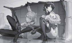  2girls absurdres bracelet dangodes dress elbow_gloves formal fur_trim gloves greyscale gun handgun high_heels highres jewelry monochrome multiple_girls original pants parted_lips ponytail rifle stiletto_heels taking_cover thighhighs trigger_discipline weapon 