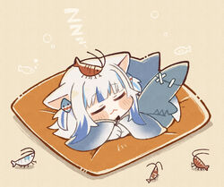  :3 absurdres animal_ears animal_on_head beige_background blue_hair blunt_bangs blush_stickers cat_ears chibi closed_eyes commentary female fins fish_tail gawr_gura gawr_gura_(1st_costume) grey_hair highres hololive hololive_english multicolored_hair on_head pillow same_anko shark_tail shrimp simple_background sleeping solo streaked_hair symbol-only_commentary tail two-tone_hair two_side_up virtual_youtuber zzz 