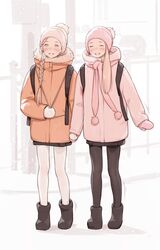  2girls bad_id bad_pixiv_id bag black_legwear blonde_hair braid brown_eyes closed_eyes coat commentary hat high_collar highres holding_hands long_hair looking_at_viewer luimiart mittens multiple_girls original outdoors pantyhose scarf simple_background smile snowing walking white_legwear 