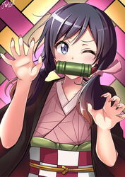  absurdres amano_hina_(tenki_no_ko) bamboo bit_gag black_hair blue_eyes checkered_sash claw_pose commentary_request cosplay female fingernails gag gagged highres japanese_clothes kamado_nezuko kamado_nezuko_(cosplay) kimetsu_no_yaiba kimono long_hair looking_at_viewer low_twintails mouth_hold obi one_eye_closed pink_kimono sash sharp_fingernails solo tenki_no_ko tina_(pixiv37050289) twintails 