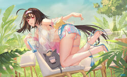  absurdres ahoge armpit_crease armpits ass atdan azur_lane bare_legs bare_shoulders belt bent_over bird black_hair blue_skirt breasts cameltoe chair chick commentary crop_top crop_top_overhang cup disposable_cup english_commentary feet feline female from_side hair_ornament hairband halter_top halterneck high_heels highres holding independence_(azur_lane) independence_(the_tailwind_of_opportunity)_(azur_lane) jacket long_hair looking_at_viewer low_ponytail manjuu_(azur_lane) medium_breasts meowfficer_(azur_lane) midriff miniskirt mole navel no_bra off_shoulder official_alternate_costume open_clothes open_jacket open_mouth outdoors panties pencil_skirt pink_jacket red_eyes revealing_clothes revision see-through shirt side_slit skindentation skirt sleeveless sleeveless_shirt slit_pupils smile solo stomach thigh_strap thighs twisted_torso underwear very_long_hair white_panties white_shirt 