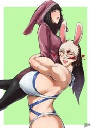  2girls animal_hood animification batako_(batakoart) bearhug biceps bikini black_hair blood blood_on_mask breasts commentary dead_by_daylight english_commentary feng_min heart highres hood hooked_on_you hug huge_breasts lifting_person mask medium_breasts multiple_girls muscular muscular_female rabbit_hood rabbit_mask sideboob simple_background size_difference smile swimsuit the_huntress_(dead_by_daylight) yuri 