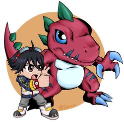  5oruu anthro bandai_namco black_hair blue_eyes chibi claws colored digimon digimon_(species) digimon_survive dinosaur duo extinct eyewear goggles hair hi_res human male mammal prehistoric_species red_body reptile scalie takuma_momozuka tyrannomon 