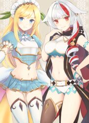  2girls absurdres belt blonde_hair blue_eyes blue_skirt boots breasts brown_footwear commentary_request cowboy_shot grey_hair hand_on_own_hip highres isolde_(monster_strike) kkokko large_breasts long_hair looking_at_viewer microskirt monster_strike multicolored_hair multiple_girls navel pleated_skirt red_eyes single_thigh_boot skirt smile streaked_hair thigh_boots white_footwear 