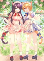  2girls :d absurdres animal_ears apron bell bikini black_hair blonde_hair blue_eyes bow breasts cake cat_ears cat_girl cat_tail commentary_request d&#039;artagnyan flower food from_behind full_body gloves hair_flower hair_ornament highres kkokko long_hair looking_at_viewer looking_back maid maid_bikini maid_headdress medium_breasts monster_strike multiple_girls neck_bell one_eye_closed outdoors plaid purple_eyes shion_(monster_strike) short_hair smile socks standing swimsuit tail tail_bow tail_ornament tea_set tray unconventional_maid waist_apron white_gloves white_socks 