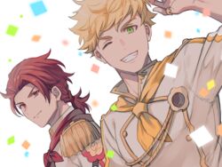  2boys blonde_hair frown granblue_fantasy green_eyes kingyo_114 long_hair looking_at_viewer male_focus multiple_boys one_eye_closed percival_(granblue_fantasy) red_eyes red_hair simple_background smile vane_(granblue_fantasy) 