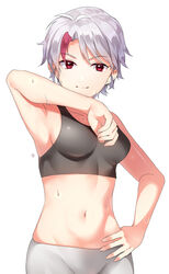  absurdres arm_up armpits bare_arms bare_shoulders breasts closed_mouth collarbone commentary_request cowboy_shot derori female grey_hair grey_pants han&#039;you_no_yashahime hand_on_own_hip highres higurashi_towa inuyasha looking_at_viewer medium_breasts midriff multicolored_hair navel pants red_eyes red_hair short_hair simple_background smile solo sports_bra stomach streaked_hair sweat two-tone_hair white_background white_hair 