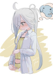  absurdres ahoge arrow_(symbol) asashimo_(kancolle) camisole collared_shirt commentary_request dress_shirt elephant female flying_sweatdrops fyuo grey_eyes grey_hair hair_over_one_eye highres kantai_collection long_hair looking_down one-hour_drawing_challenge open_clothes open_shirt panties penis_measuring ponytail shirt solo underwear white_shirt yellow_camisole yellow_panties 