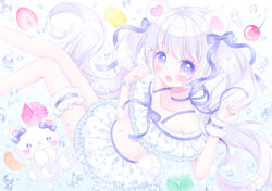  :o animal_ears bare_shoulders bear_ears bikini bikini_skirt blue_bow blue_choker blue_ribbon blush bow bracelet cherry choker collarbone commentary_request cube feet_out_of_frame female food frilled_bikini frills fruit hairbow hands_up himetsuki_luna jewelry long_hair looking_at_viewer navel open_mouth original pearl_bracelet pineapple pineapple_slice purple_eyes ribbon ribbon_choker single_wrist_cuff solo star-shaped_pupils star_(symbol) strawberry stuffed_animal stuffed_toy swimsuit symbol-shaped_pupils teddy_bear twintails very_long_hair water_drop white_bikini white_hair wrist_cuffs 