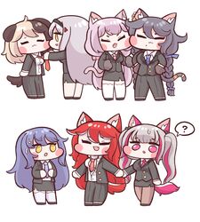  6+girls :3 =_= ? adjusting_clothes adjusting_necktie animal_ear_fluff animal_ears black_lilith_(last_origin) blonde_hair blush_stickers braid brown_hair bulga cat_ears cat_girl cat_tail chibi dog_ears dog_girl dog_tail eternity_(last_origin) fenrir_(last_origin) formal full_body garter_straps grey_hair hachiko_of_castling holding_hands korean_commentary last_origin long_hair mole mole_under_mouth multicolored_hair multiple_girls necktie oerba_yun_fang open_clothes open_mouth open_shirt pant_suit pants pantyhose pencil_skirt perrault_(last_origin) pink_eyes pink_hair poi_(last_origin) red_hair side_slit simple_background skirt skirt_suit snow_feather_(last_origin) suit sweatdrop tail thighhighs twin_braids twintails two-tone_hair white_background white_legwear wolf_ears wolf_girl yellow_eyes 