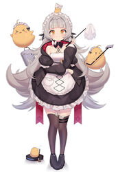  absurdres apron azur_lane black_dress black_footwear black_jacket black_thighhighs blunt_bangs bucket closed_mouth commentary criss-cross_halter dress duster female frilled_dress frills full_body grey_hair halter_dress halterneck headpiece highres jacket looking_at_viewer maid maid_headdress manjuu_(azur_lane) mole mole_under_eye mop official_alternate_costume pigeon-toed robotic_vacuum_cleaner ruwo simple_background smile solo tattoo thighhighs v-shaped_eyebrows white_apron white_background yellow_eyes z46_(azur_lane) z46_(chronicles_of_the_dust_wars)_(azur_lane) 