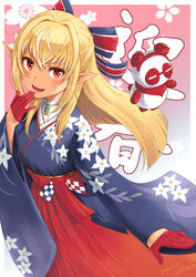  :d animal_costume blonde_hair blue_kimono blush bow cherry_blossoms commentary dark-skinned_female dark_skin dated duplicate elf female floral_background floral_print gloves hair_between_eyes hair_ornament hairbow hakama hakama_skirt half_gloves hand_to_own_mouth hand_up highres hololive japanese_clothes kimono kintsuba_(shiranui_flare) kuboshun long_hair looking_at_viewer multicolored_hair official_alternate_costume official_alternate_hairstyle open_mouth panda_costume pixel-perfect_duplicate pointy_ears print_kimono red_eyes red_gloves red_hakama shiranui_flare shiranui_flare_(new_year) sidelocks signature skirt smile solo streaked_hair striped striped_bow text_background v-shaped_eyebrows virtual_youtuber 