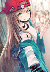  backwards_hat baseball_cap black_choker blue_jacket blurry blurry_background breasts brown_hair choker closed_mouth collarbone commentary depth_of_field female green_eyes h2o_(dfo) hair_between_eyes hand_up hat highres hood hood_down hooded_jacket jacket long_hair long_sleeves off_shoulder open_clothes open_jacket original red_hat revision shirt sleeveless sleeveless_shirt small_breasts smile solo symbol-only_commentary v very_long_hair white_shirt wide_sleeves 