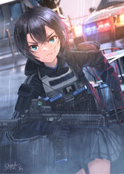  absurdres aqua_eyes assault_rifle bandaid bandaid_on_face black_gloves black_hair blood blood_on_face car clenched_teeth dreadtie female ford ford_crown_victoria gloves gun highres holding holding_gun holding_weapon imbel_ia2 kurumazaki_yuu load_bearing_vest magazine_(weapon) motor_vehicle original police_car rain rifle running short_hair signature skirt solo teeth weapon 