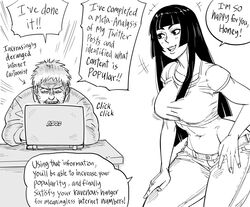  1boy artist_self-insert asus bb_(baalbuddy) breasts commentary computer crop_top cropped_shirt denim desk english_commentary english_text facial_hair female greyscale hand_on_own_hip hand_on_own_leg highres hime_cut hime_cut_wife_(baalbuddy) jeans laptop large_breasts long_hair monochrome original pants plunging_neckline simple_background sitting speech_bubble stubble tank_top white_background 