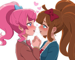  2girls after_kiss ahoge aqua_jacket blazer blue_bow blue_eyes blush bow bowtie braid breath brown_hair brown_jacket collarbone collared_shirt commentary_request crown_braid diamond-shaped_pupils diamond_(shape) eye_contact face-to-face from_side hairbow half-closed_eyes heart heavy_breathing high_ponytail holding_hands jacket kiratto_pri_chan long_bangs long_hair long_sleeves looking_at_another momoyama_mirai multiple_girls nijinosaki_dia nose_blush open_mouth pink_bow pink_hair pretty_series puff_of_air purple_eyes red_bow red_shirt saliva saliva_trail school_uniform shiny_skin shirt sidelocks simple_background steam sweat symbol-shaped_pupils tongue tongue_out twintails umi_no_tarako upper_body white_background white_shirt yuri 