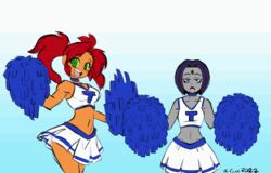  2girls alternate_hairstyle animated animated bored breasts cheerleader colored_sclera colored_skin crop_top dc_comics excited expressionless forehead_jewel green_eyes green_sclera grey_skin looking_at_viewer miniskirt multiple_girls navel orange_skin pom_pom_(cheerleading) purple_hair raven_(dc) red_hair robert_j_case short_hair skirt sleeveless smile speed_lines starfire stomach teen_titans twintails 