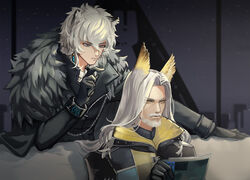  2boys animal_ear_fluff animal_ears arknights beard black_gloves closed_mouth commentary_request couch earrings facial_hair fur_trim gloves grey_eyes grey_hair hellagur_(arknights) indoors jacket jewelry leopard_boy leopard_ears long_hair long_sleeves male_focus moustache multiple_boys photoshop_(medium) silverash_(arknights) sitting standing yellow_eyes yktori 