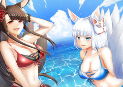  2girls absurdres akagi_(azur_lane) akagi_(paradise_amaryllis)_(azur_lane) animal_ears arms_behind_back azur_lane bikini blue_bikini blue_eyes blue_sky breasts brown_hair brown_tail cleavage cloud day dutch_angle flower fox_ears fox_mask fox_tail hair_flower hair_ornament hand_in_own_hair highres kaga_(azur_lane) kaga_(everlasting_killing_stone)_(azur_lane) kitsune kyuubi large_breasts leaning_forward long_hair mask mask_on_head multiple_girls multiple_tails official_alternate_costume open_mouth outdoors red_bikini red_eyes red_flower sky spider_lily suzuki_(white-world) swimsuit tail water white_tail 