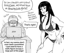  1boy artist_self-insert asus bb_(baalbuddy) bikini breasts commentary computer desk english_commentary english_text facial_hair female greyscale hand_on_own_hip hand_on_own_leg highres hime_cut hime_cut_wife_(baalbuddy) laptop large_breasts long_hair monochrome original simple_background sitting speech_bubble stubble swimsuit truth white_background 