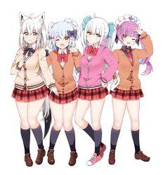  1boy 3girls ;d alternate_costume animal_ears arato_asato blue_eyes blue_socks bow brown_footwear cardigan commentary_request cosplay cross_hair_ornament drill_hair fox_ears full_body gabriel_dropout gabriel_tenma_white gabriel_tenma_white_(cosplay) hair_ornament hair_ribbon heterochromia highres hololive hood hoodie inuyama_tamaki jacket kagura_gumi kagura_mea kneehighs loafers long_hair looking_at_viewer maid_headdress minato_aqua multicolored_hair multiple_girls necktie noripro one_eye_closed open_mouth otoko_no_ko pink_footwear pink_hoodie plaid plaid_skirt purple_eyes raphiel_shiraha_ainsworth raphiel_shiraha_ainsworth_(cosplay) red_bow red_necktie ribbon satanichia_kurumizawa_mcdowell satanichia_kurumizawa_mcdowell_(cosplay) school_uniform shirakami_fubuki shoes skirt smile socks twin_drills vignette_tsukinose_april vignette_tsukinose_april_(cosplay) virtual_youtuber white_background white_hair 