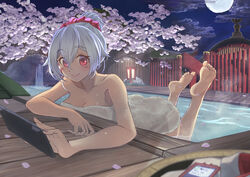  absurdres bad_id bad_pixiv_id bare_shoulders barefoot blush breasts cellphone cherry_blossoms cleavage collarbone commentary_request fate/grand_order fate_(series) feet female foiegrassan0221 full_moon hair_between_eyes hair_ribbon highres large_breasts looking_at_viewer moon naked_towel night night_sky onsen phone red_eyes red_ribbon ribbon sky smartphone smile soles solo tablet_pc toes tomoe_gozen_(fate) towel tree water white_hair 