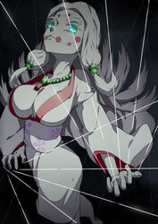  absurdres bad_proportions bead_necklace beads blue_eyes breasts cleavage dark_background female hair_beads hair_ornament highres japanese_clothes jewelry kimetsu_no_yaiba kimono large_breasts long_hair megalobilly mother_spider_demon_(kimetsu_no_yaiba) necklace pale_skin photoshop_(medium) solo thick_eyebrows very_long_hair white_hair wire 