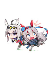  2girls absurdres ahoge animal_ears black_legwear black_skirt blue_eyes blue_shirt blue_skirt blurry boots brown_footwear chibi commentary_request frilled_skirt frills goshichi_shoji grey_footwear grey_hair grey_legwear hair_between_eyes highres horse_ears horse_girl horse_tail long_hair long_sleeves looking_away looking_back multiple_girls oerba_yun_fang oguri_cap_(umamusume) open_mouth pantyhose pleated_skirt running shirt shoes simple_background skirt sleeves_past_wrists sweat tail tamamo_cross_(umamusume) thighhighs turn_pale umamusume v-shaped_eyebrows very_long_hair wavy_mouth white_background wide_sleeves 