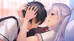  1boy :d arima_kyouya asamori_mitsuki between_breasts black_hair black_vest boku_no_mirai_wa_koi_to_kakin_to boy_on_top breasts collared_shirt couple female food-themed_hair_ornament game_cg hair_ornament hand_in_another&#039;s_hair head_between_breasts highres long_hair lying medium_breasts necktie nironiro on_back profile purple_eyes red_necktie school_uniform shirt short_hair short_sleeves smile straight strawberry_hair_ornament twintails upper_body very_long_hair vest white_hair white_shirt wing_collar 