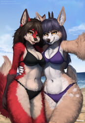  2022 aldea_(character) anthro beach bikini black_hair breasts bunny_ears_(gesture) canid canine carmine_(foxovh) clothing deer digital_media_(artwork) duo exposure_variation eyebrows eyelashes female fingers fox foxovh front_view fur gesture hair hi_res inner_ear_fluff long_hair looking_at_viewer mammal medium_breasts navel outside seaside smile standing swimwear text tongue tongue_out tuft url 