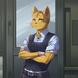  1:1 2023 anthro bell bell_collar clothing collar digital_drawing_(artwork) digital_media_(artwork) domestic_cat electronics felid feline felis fur furrholic gloves handwear looking_at_viewer male mammal police police_uniform radio sansa_tamakawa serious serious_face solo uniform whiskers yellow_body yellow_eyes yellow_fur 