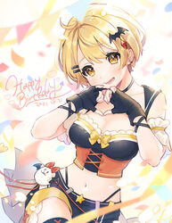  ahoge bat_hair_ornament belt belt_buckle black_bustier black_gloves black_shorts blonde_hair blush breasts buckle bustier choker cleavage corset crop_top cross-laced_clothes dated detached_sleeves earrings female fingerless_gloves frilled_sleeves frills gem gloves hair_ornament hairclip happy_birthday heart heart_hands highleg highleg_panties highres hololive jewelry kapumin_(yozora_mel) mameyanagi medium_breasts midriff navel obake-chan_(yozora_mel) oerba_yun_fang official_alternate_costume open_mouth panties panty_straps short_hair short_shorts short_sleeves shorts smile solo standing standing_on_one_leg star_ornament thighhighs underbust underwear virtual_youtuber white_sleeves yellow_eyes yozora_mel yozora_mel_(2nd_costume) 