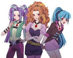  3girls adagio_dazzle adagio_dazzle_(human) aria_blaze aria_blaze_(human) belt belt_buckle blue_hair blunt_bangs bracelet breasts buckle candy cleavage commentary cowboy_shot crossed_arms fingerless_gloves food gloves hair_ornament hand_on_own_hip jewelry leaning_forward lollipop looking_at_viewer miniskirt multicolored_hair multiple_girls my_little_pony my_little_pony:_equestria_girls my_little_pony:_friendship_is_magic necklace open_mouth orange_hair parted_lips pendant_choker personification ponytail purple_eyes purple_hair raised_eyebrow red_eyes sidelocks simple_background single_fingerless_glove skirt smile smirk sonata_dusk sonata_dusk_(human) spiked_bracelet spikes standing star_(symbol) star_hair_ornament streaked_hair twintails two_side_up white_background wristband xieyanbbb 