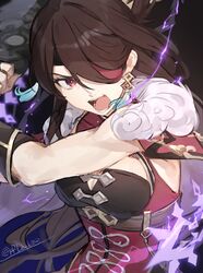  beidou_(genshin_impact) breasts brown_hair commentary earrings electricity eyepatch female genshin_impact highres holding holding_sword holding_weapon incoming_attack jewelry long_hair looking_at_viewer open_mouth red_eyes solo sword type-alpha weapon 