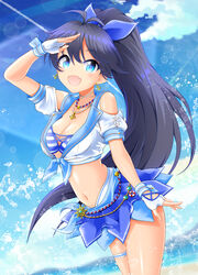  :d anchor_earrings antenna_hair arm_up bare_shoulders beach bikini bikini_top_only black_hair blue_bikini blue_eyes blue_ribbon blue_skirt blue_sky blush breasts choker cleavage clothing_cutout cloud collarbone commentary_request cowboy_shot crop_top day earrings eva_16-gouki female fingerless_gloves ganaha_hibiki glint gloves hair_between_eyes hair_ribbon highres idolmaster idolmaster_(classic) idolmaster_million_live! idolmaster_million_live!_theater_days jewelry layered_skirt lens_flare long_hair looking_at_viewer medium_breasts midriff navel necklace oerba_yun_fang open_mouth outdoors ponytail ribbon shirt short_sleeves shoulder_cutout sidelocks skindentation skirt sky smile solo standing striped_bikini striped_clothes swimsuit thigh_strap tied_shirt water_drop white_choker white_gloves white_shirt wrist_cuffs 