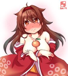  alternate_costume artist_logo bare_shoulders blush breasts brown_eyes brown_hair cleavage commentary_request dated female food fruit hair_flaps hairband highres japanese_clothes kagami_mochi kanon_(kurogane_knights) kantai_collection kimono large_breasts long_hair mandarin_orange nose_blush oppai_mochi orange_(fruit) red_hairband red_kimono shiratsuyu_(kancolle) shiratsuyu_kai_ni_(kancolle) simple_background solo upper_body white_background 