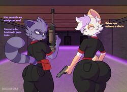  anthro ass big_butt big_tail black_clothing black_eyes black_nose bottomwear brown_nose bubble_butt butt_size_difference canid canine canis clothed clothing detailed_background doggostar domestic_dog duo femboy gun hair handgun herding_dog hi_res holding_gun holding_handgun holding_object holding_pistol holding_ranged_weapon holding_rifle holding_weapon huge_butt inside male mammal multicolored_body murky_winters orange_eyes pastoral_dog pistol procyonid purple_body purple_hair raccoon ranged_weapon rear_view rifle shooting_range small_tail sniper_rifle spanish_text tail text translated uniform weapon welsh_corgi white_body white_hair wide_hips winter_kindreon 