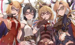  4girls animal_ears black_hair blonde_hair bow_(weapon) breasts commentary djeeta_(granblue_fantasy) erune eye_mask granblue_fantasy head_wings hinami_(hinatamizu) long_hair looking_at_viewer mask metera_(granblue_fantasy) mole mole_under_mouth multiple_girls pointy_ears ponytail shitori_(granblue_fantasy) short_hair smile tongue tongue_out tweyen_(granblue_fantasy) weapon wings 