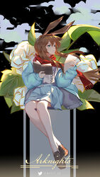  amiya_(arknights) amiya_(fresh_fastener)_(arknights) animal_ears anjear_cc arknights bird blue_eyes blue_jacket book brown_hair closed_mouth cloud copyright_name female full_body hair_between_eyes hands_up holding holding_book holding_paper jacket long_hair long_sleeves official_alternate_costume open_clothes open_jacket paper rabbit_ears red_scarf scarf shoes sidelocks sky solo thighs twitter_username 