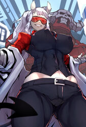  1boy ass_visible_through_thighs bad_id bad_twitter_id belt breasts covered_nipples demon_girl demon_tail female goggles grin helltaker highres horns large_breasts long_hair looking_at_viewer looking_down loremaster_(helltaker) midriff navel nuezou smile subject_67_(helltaker) tail thighs tinted_eyewear white_hair 