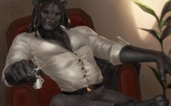  absurd_res anthro beverage black_body black_fur clothed clothing coffee dreadlocks felid fur gold_(metal) gold_jewelry hi_res horus_wild jewelry lion male mammal muscular muscular_anthro muscular_male pantherine solo thescarletartist 