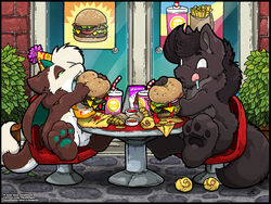  ambiguous_gender anthro black_body black_fur black_hair brown_body brown_fur burger chibi cream_hair duo eating food fries fur hair mammal o-kemono open_mouth 